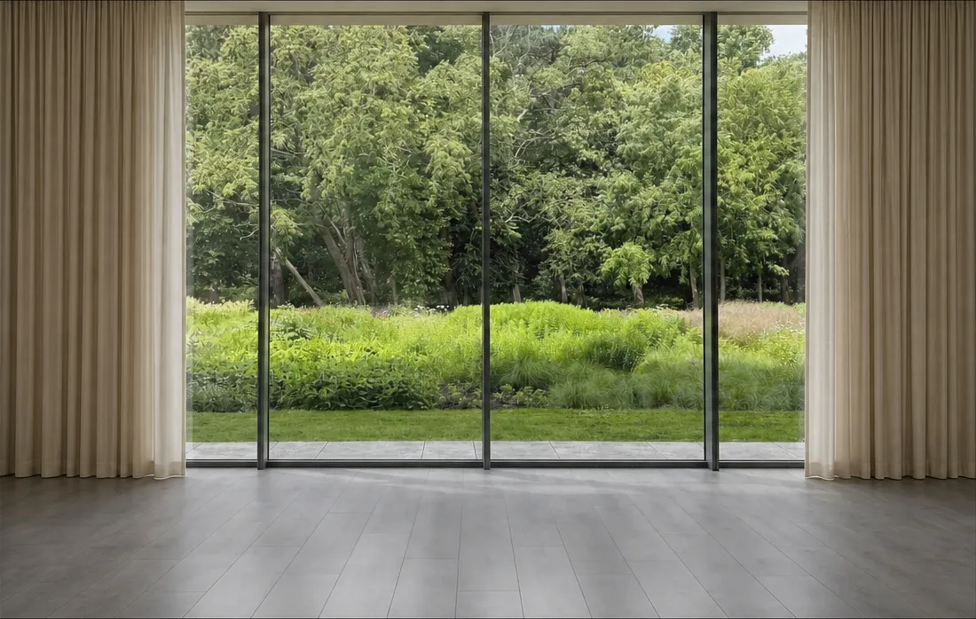Open ivory curtains framing full-height glazing onto a garden