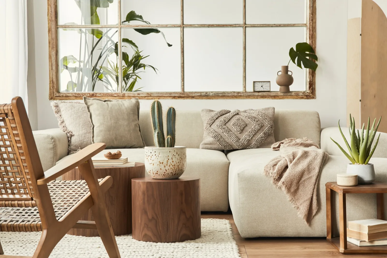 A calm, neutrally styled living room presented to an arriving buyer