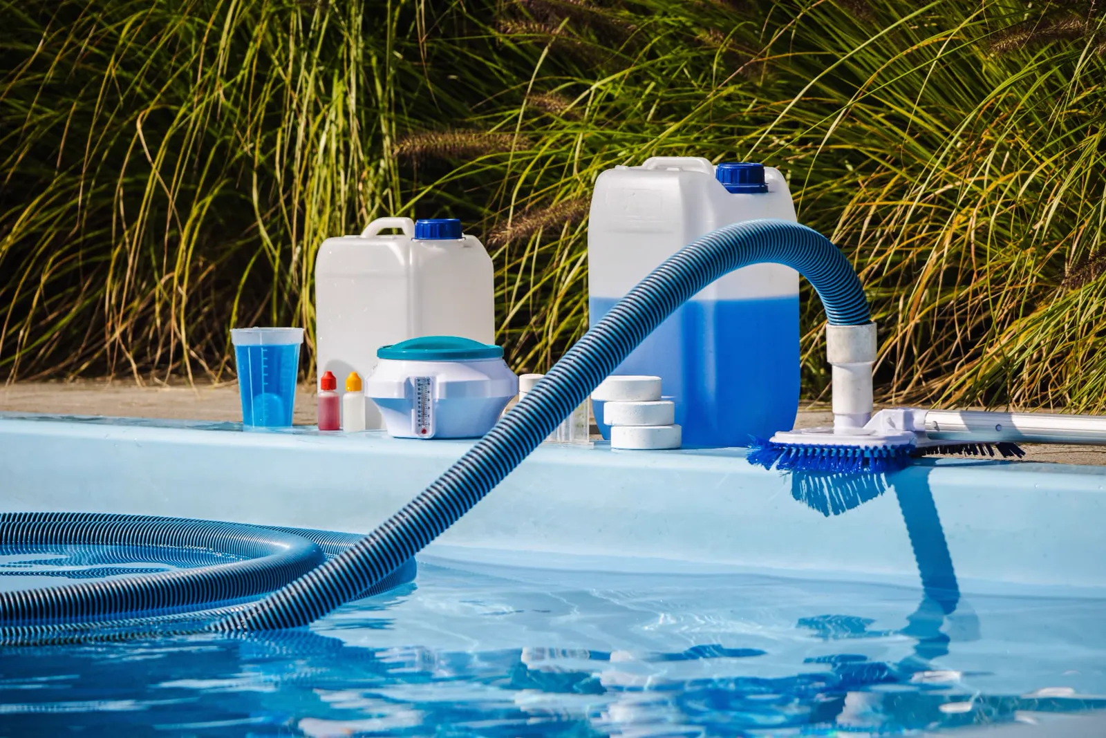Pool cleaning equipment and water-treatment supplies beside a swimming pool