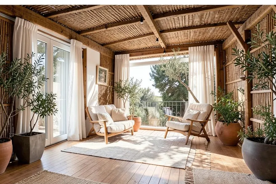 The same balcony finished as a room with teak, linen and planting