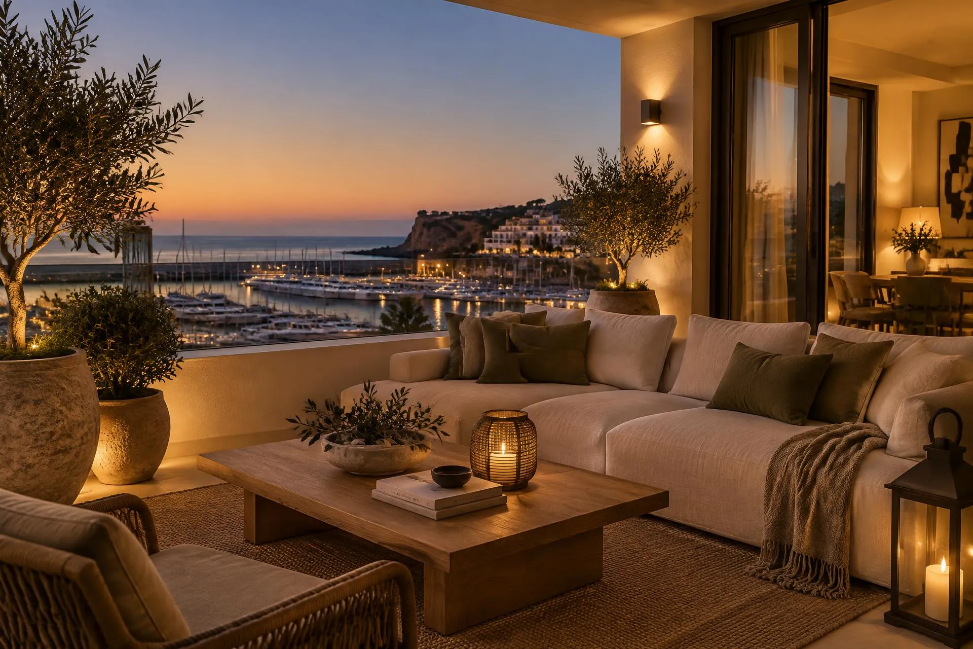 A beautifully furnished Algarve balcony at dusk, linen seating and olive trees under warm low lighting above the marina