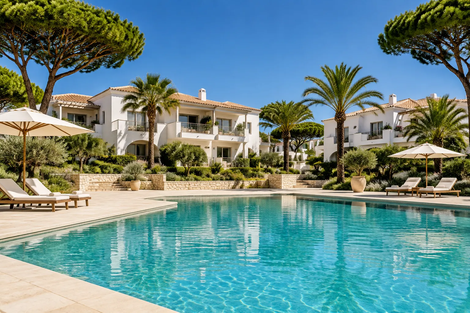 A communal pool among palms and whitewashed apartment buildings