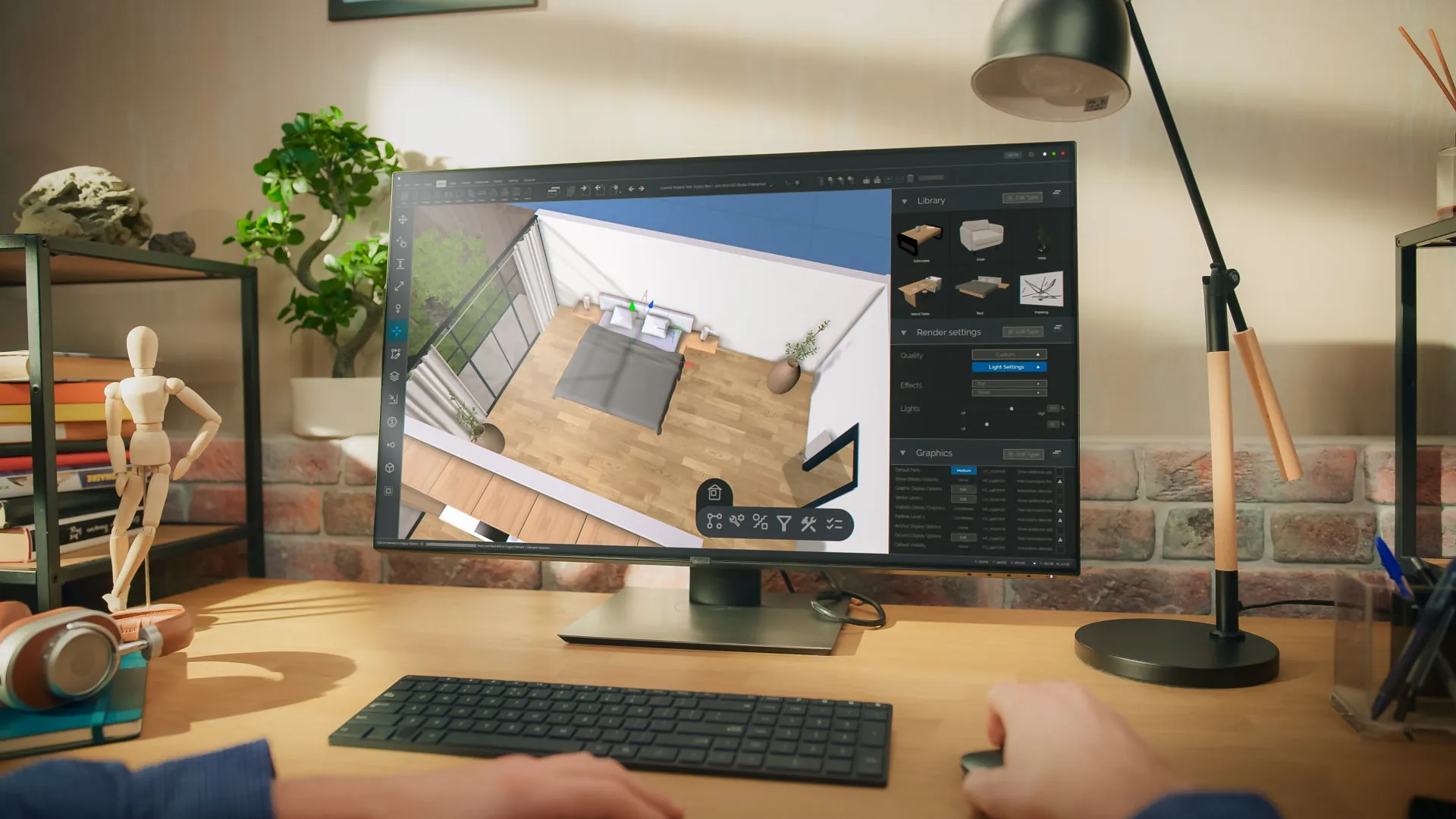 A designer refining an interior plan in 3D design software