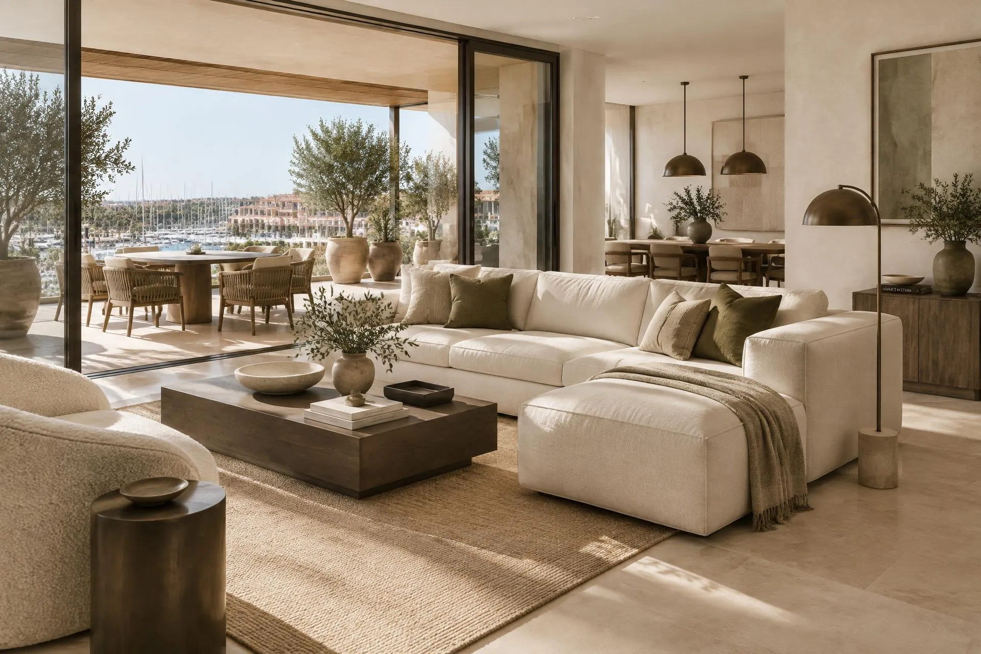 A sea-lit Vilamoura living room in bleached oak and linen