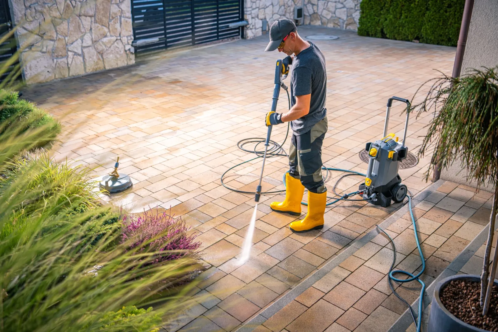 Pressure washing a paved terrace and driveway at a property