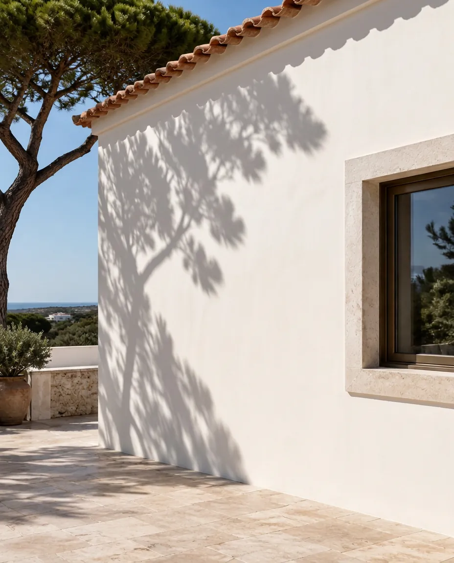 The same villa wall freshly repainted in warm white, smooth and even