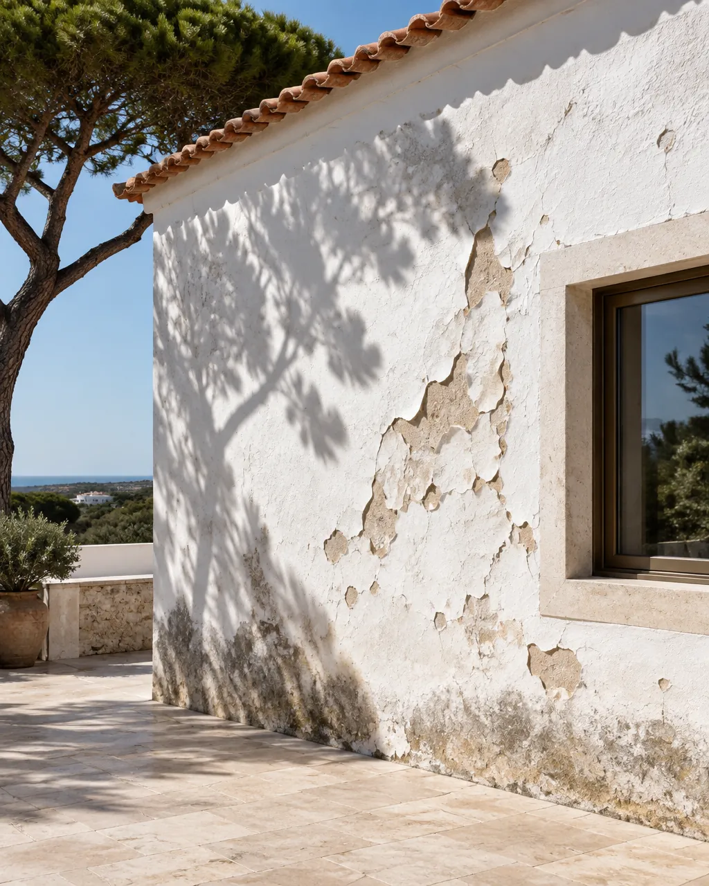 A whitewashed Algarve villa wall with paint flaking and peeling from the plaster