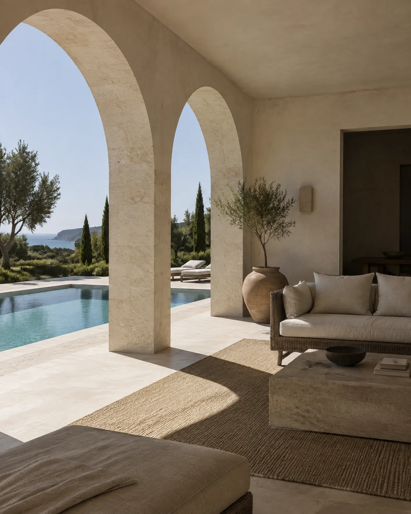 A private Vilamoura terrace with marina views, olive trees and linen seating in midday sun