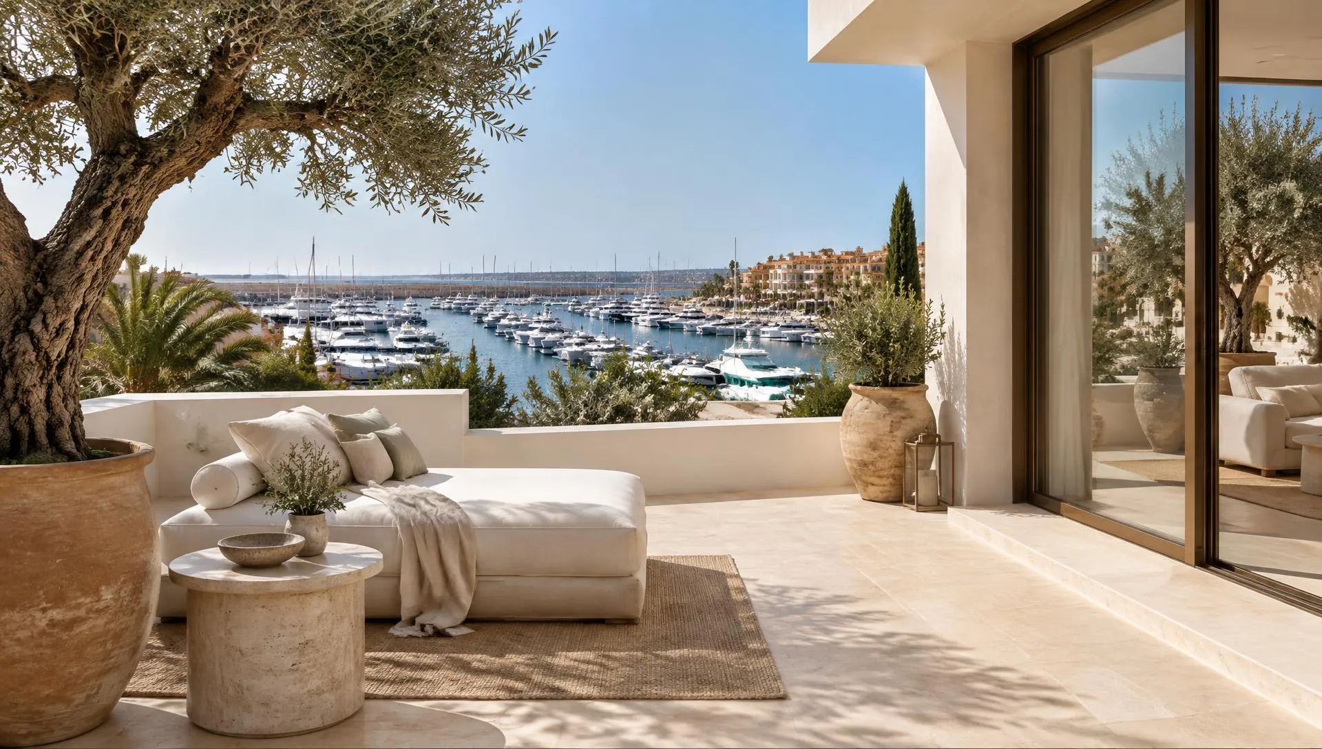 A private Vilamoura terrace with marina views, olive trees and linen seating in midday sun
