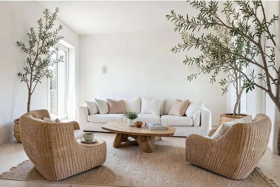 An apartment staged for sale: corrected layout, linen and low oak furniture in clear light