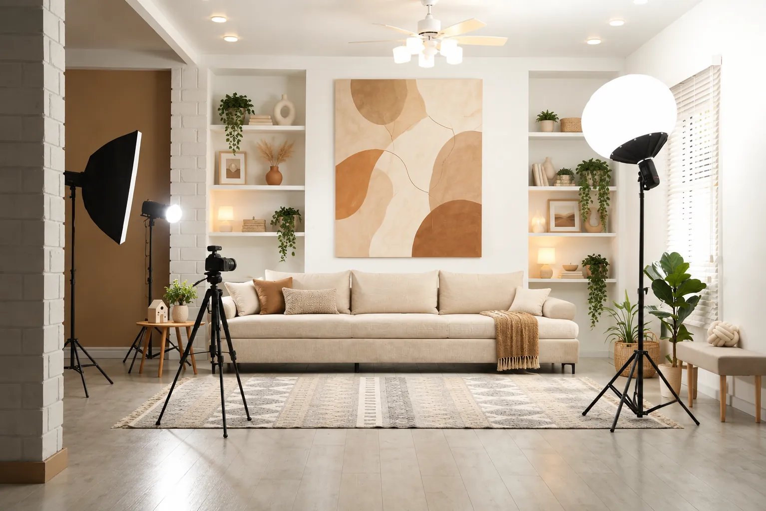 Photography lights and a camera on tripods set up in a staged living room