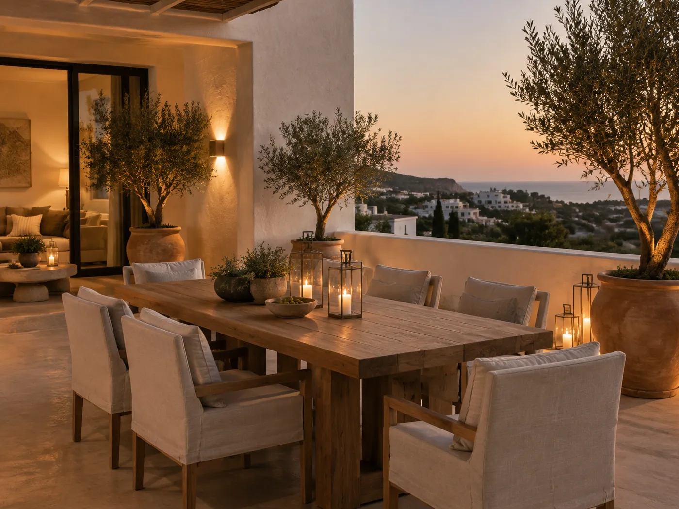 A furnished dining terrace with olive trees at dusk