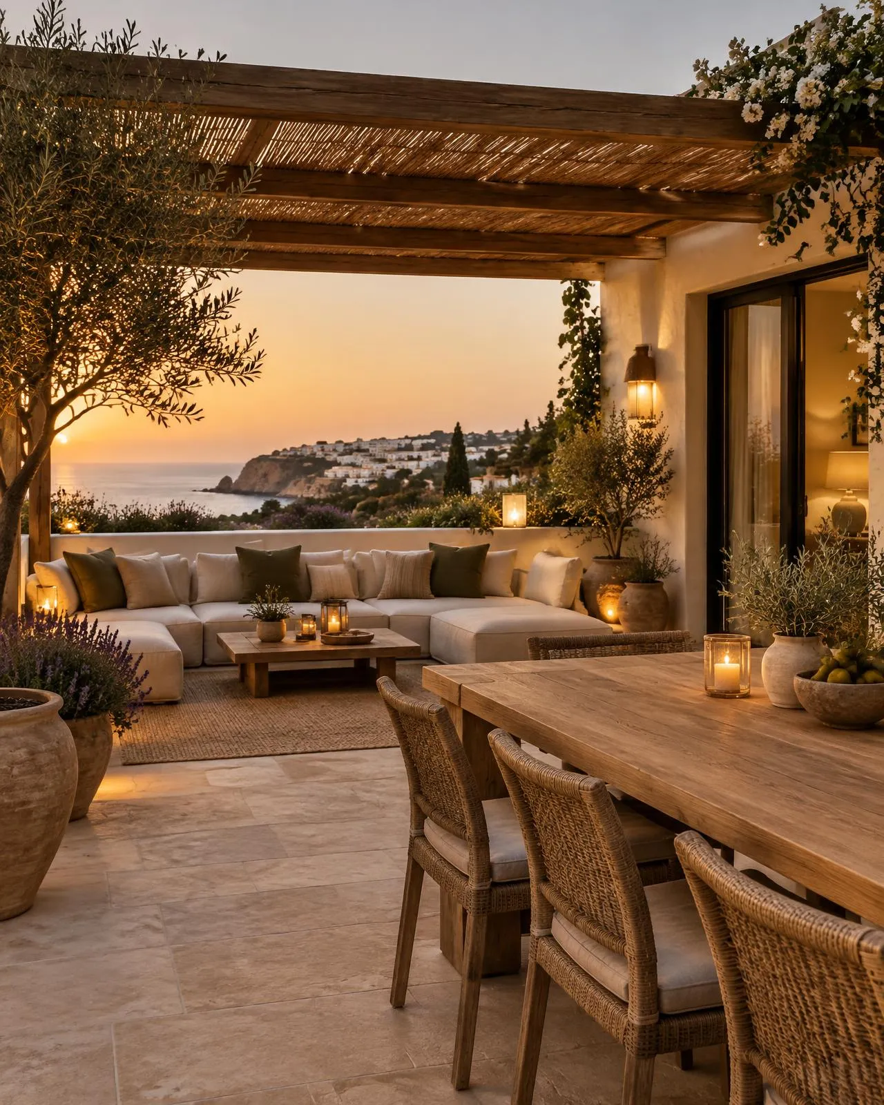 A beautifully furnished Algarve terrace at early evening, linen seating and an oak dining table under a pergola