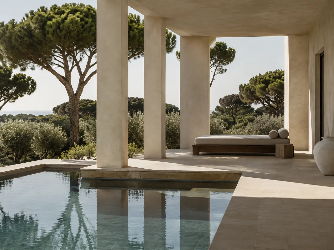 A shaded loggia beside a pool among umbrella pines