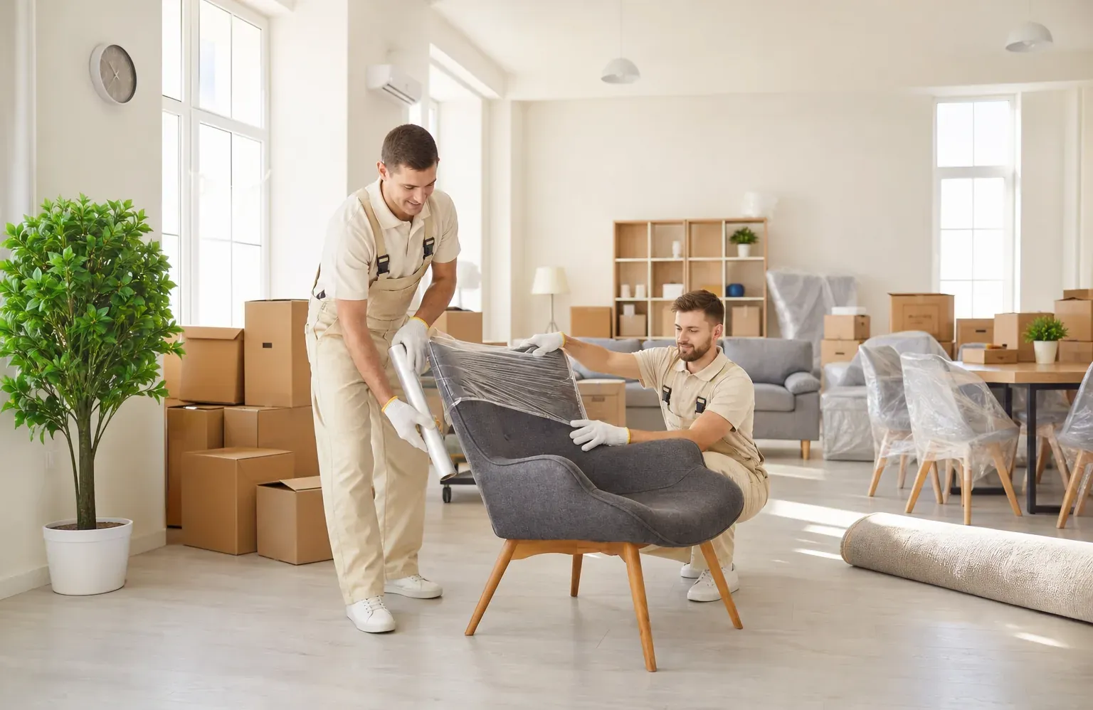 Furniture being unpacked and installed in a bright apartment